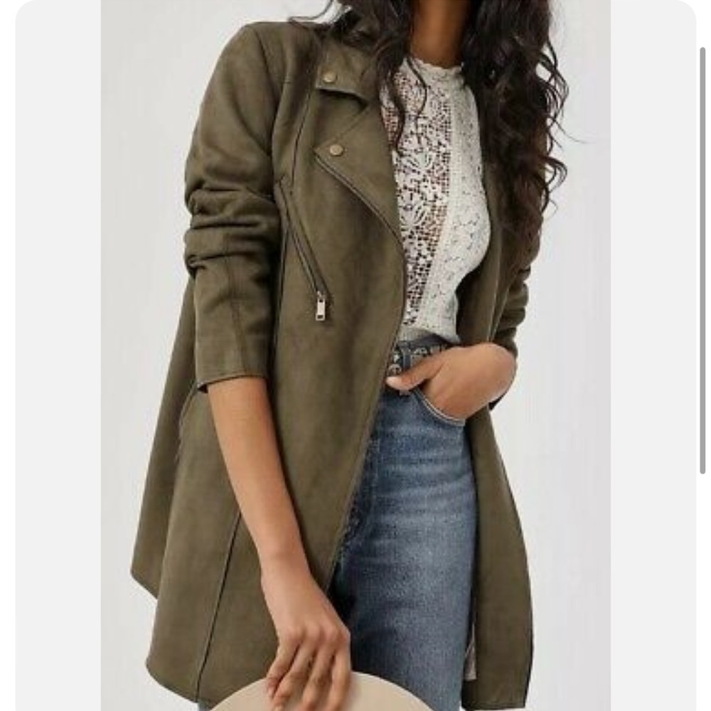 Anthropologie Pilcro Ripley Sueded Longline Moto Jacket Dark Green